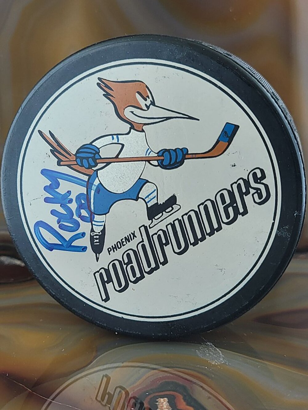 Vintage Phoenix Roadrunners IHL Official Ice Hockey Puck Signed By ROCKY Mascot